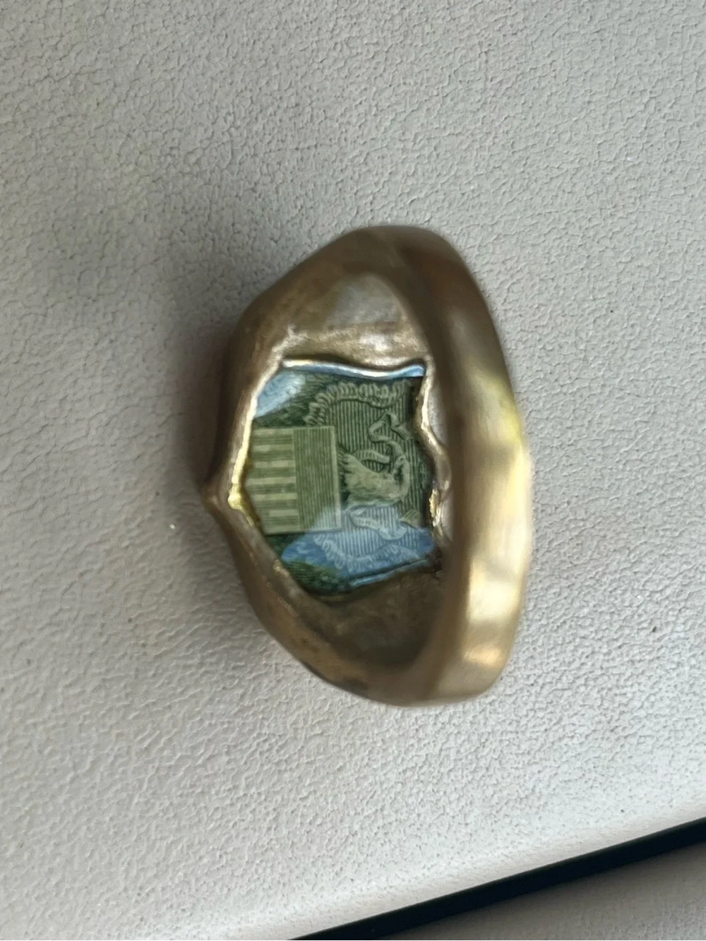 Vintage Gold Tone Signet Ring Hidden Eagle Crest Inside Signed L. Frost. Size 9